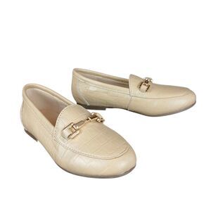 NEW Emerald Label Sz 12 US Girl Tan Beige Embossed Leather Loafers Gold Buckle